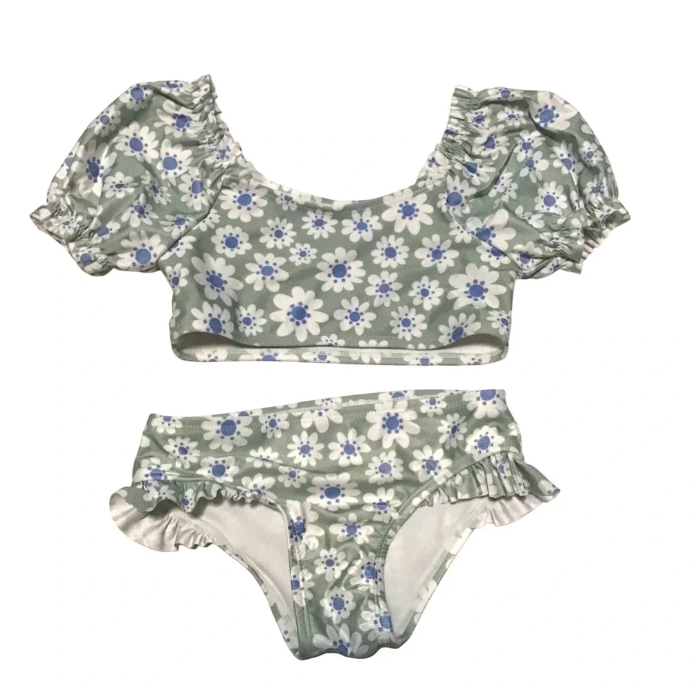 Wonder Nation Girls 5T Sage Green Daisy Floral Puff Sleeve Ruffle Swimsuit Set
